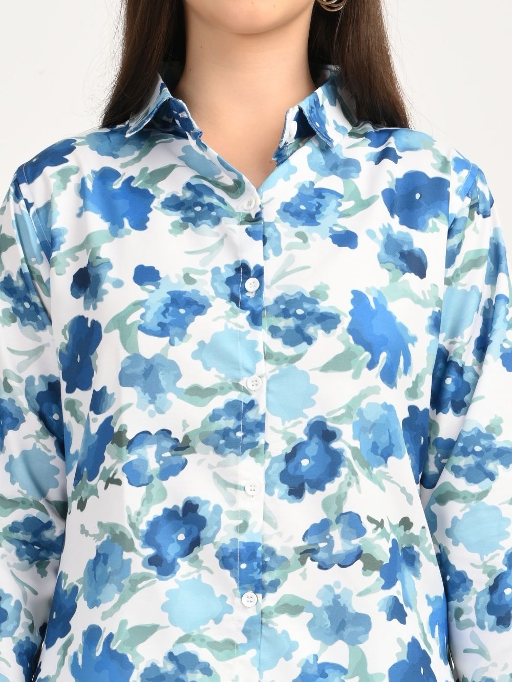 Close-up of blue floral shirt buttons