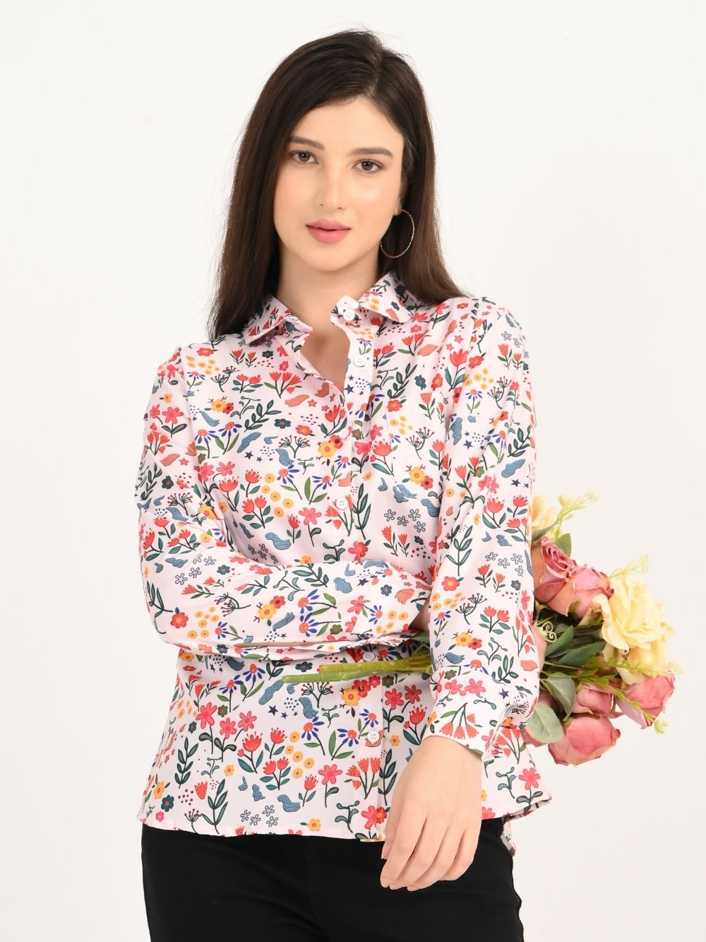 Close front pose of Floral Symphony multicolor floral shirt