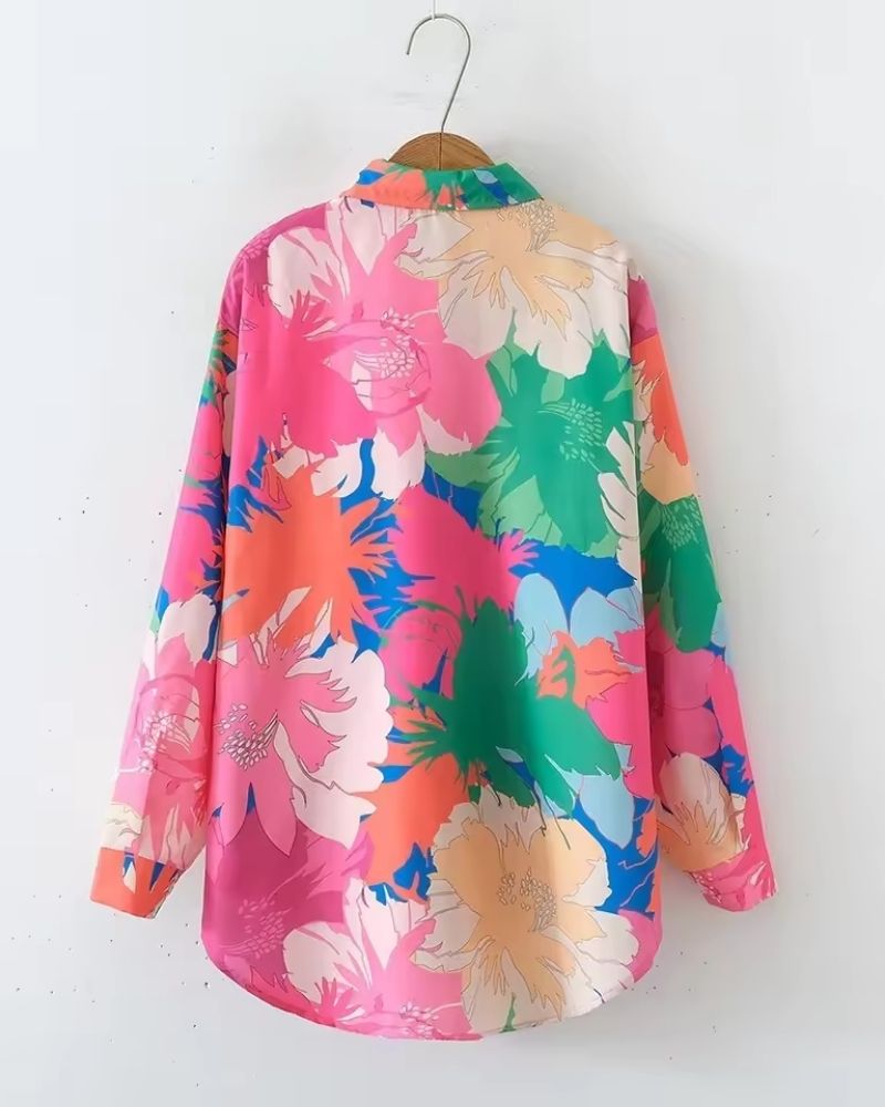 Colorful floral rayon shirt for women with long sleeves and point collar

