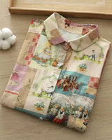 "Detailed collar view with patchwork illustrations on rayon fabric"

