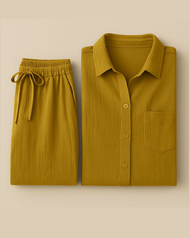 “Drawstring wide-leg cotton pants in mustard yellow – breathable muslin fabric”


