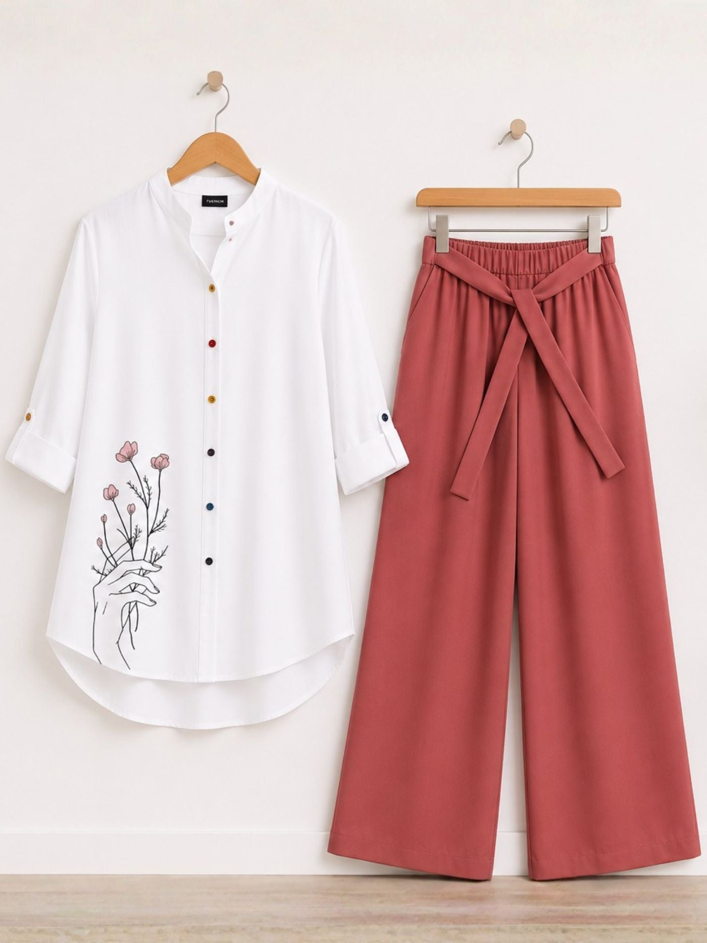 Dusty Rose Floral Line Art Co-Ord Set for women with white printed top and rose palazzo
