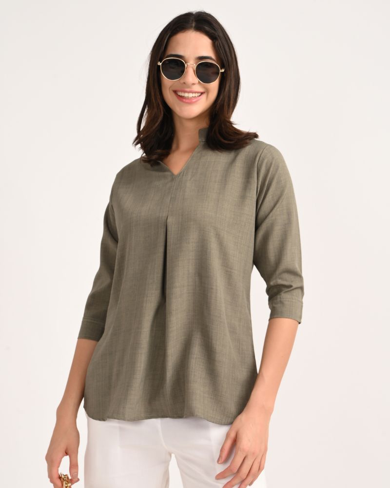 Olive Green Linen Blend Short Kurta