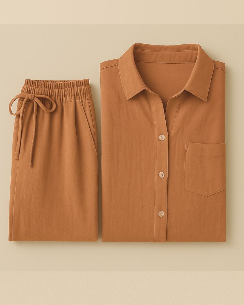 Earth-tone crinkle cotton loungewear set in natural light