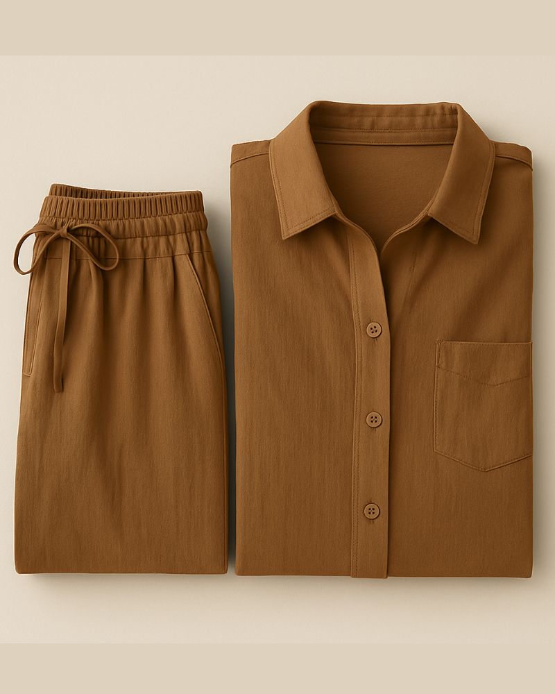 Flat lay of brown button shirt and pants set – breathable cotton loungewear

