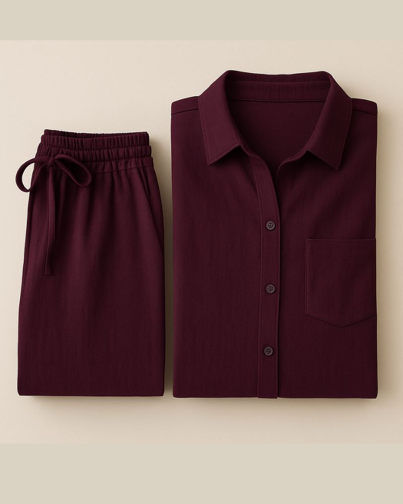 “Flat lay of burgundy crinkle cotton lounge set with button-up shirt and drawstring pants”

