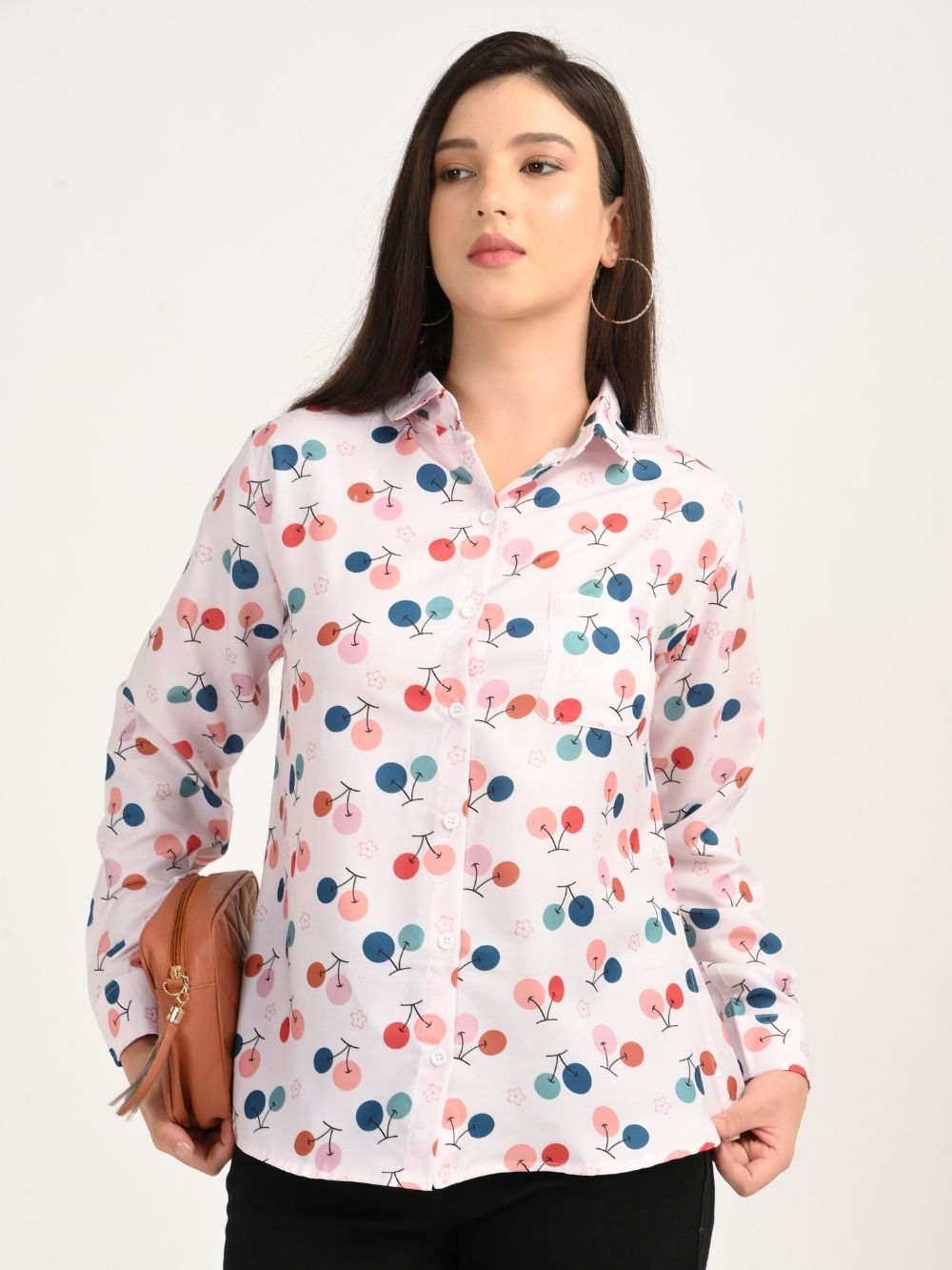 Front pose of Cherry Bloom white button-down shirt with colorful cherry design