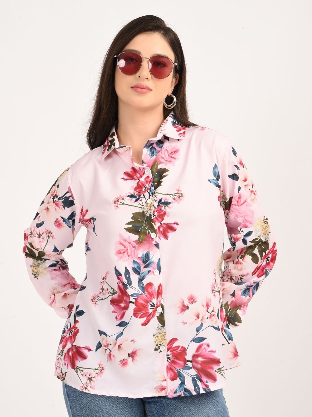 Front pose pink floral shirt with sunglasses
