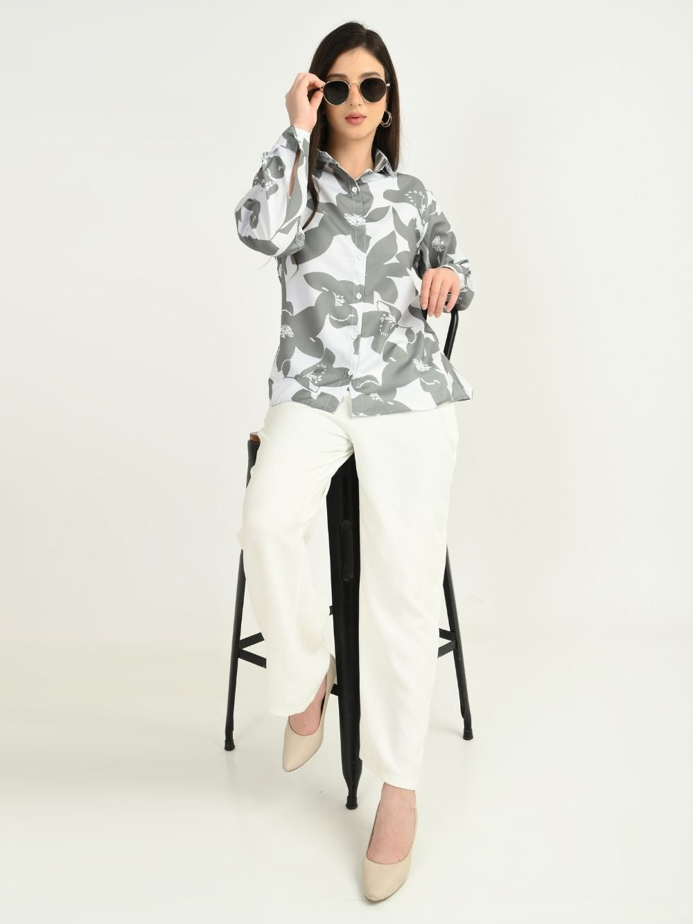 Front view grey floral shirt