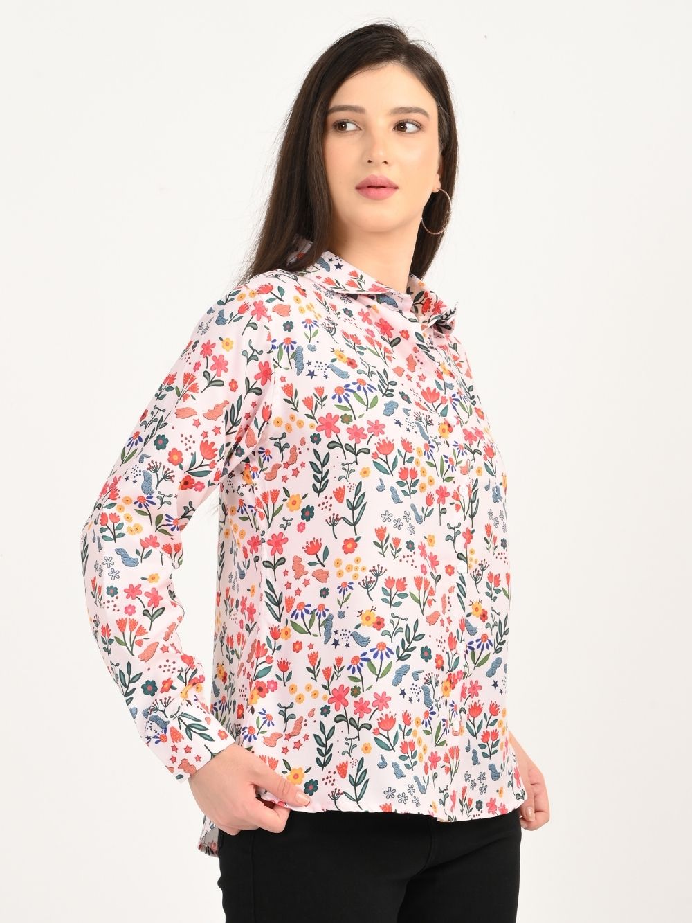 Front view of Floral Symphony rayon floral shirt with long sleeves
