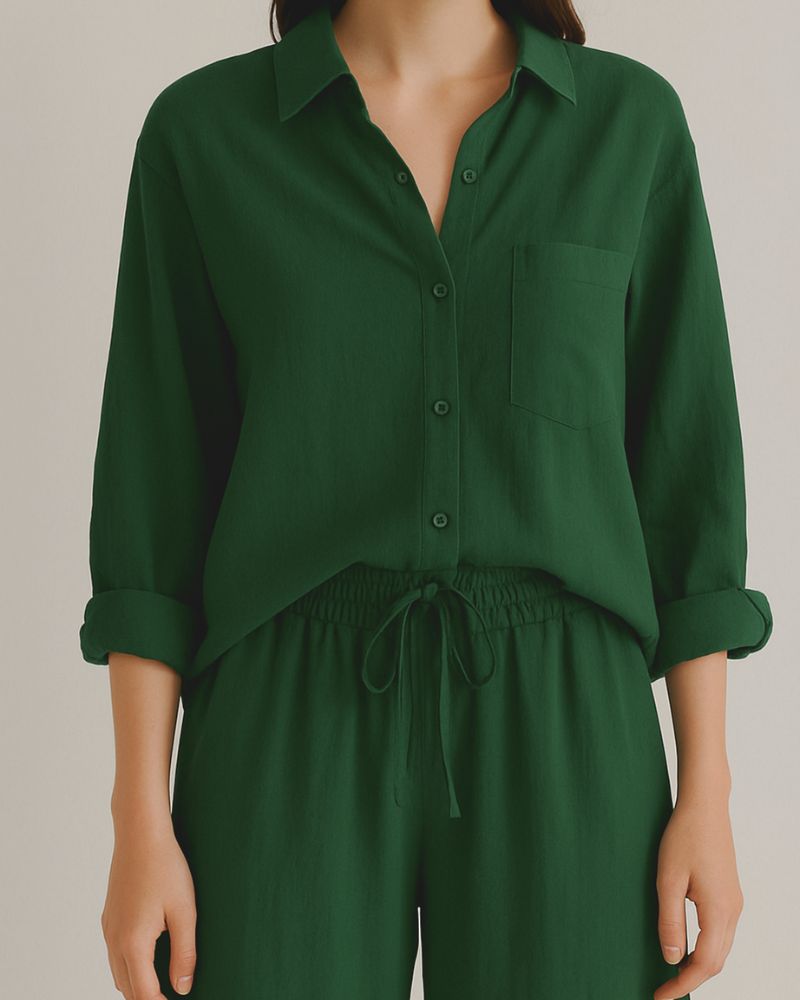 Front view of Forest Drape Co-Ord – deep green crinkle cotton shirt and pants

