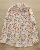 Front view of La Lune Botanique women's floral printed rayon shirt with unicorn and bird motifs

