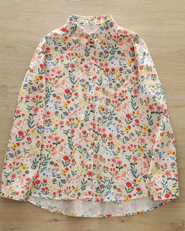 Front view of La Lune Botanique women's floral printed rayon shirt with unicorn and bird motifs


