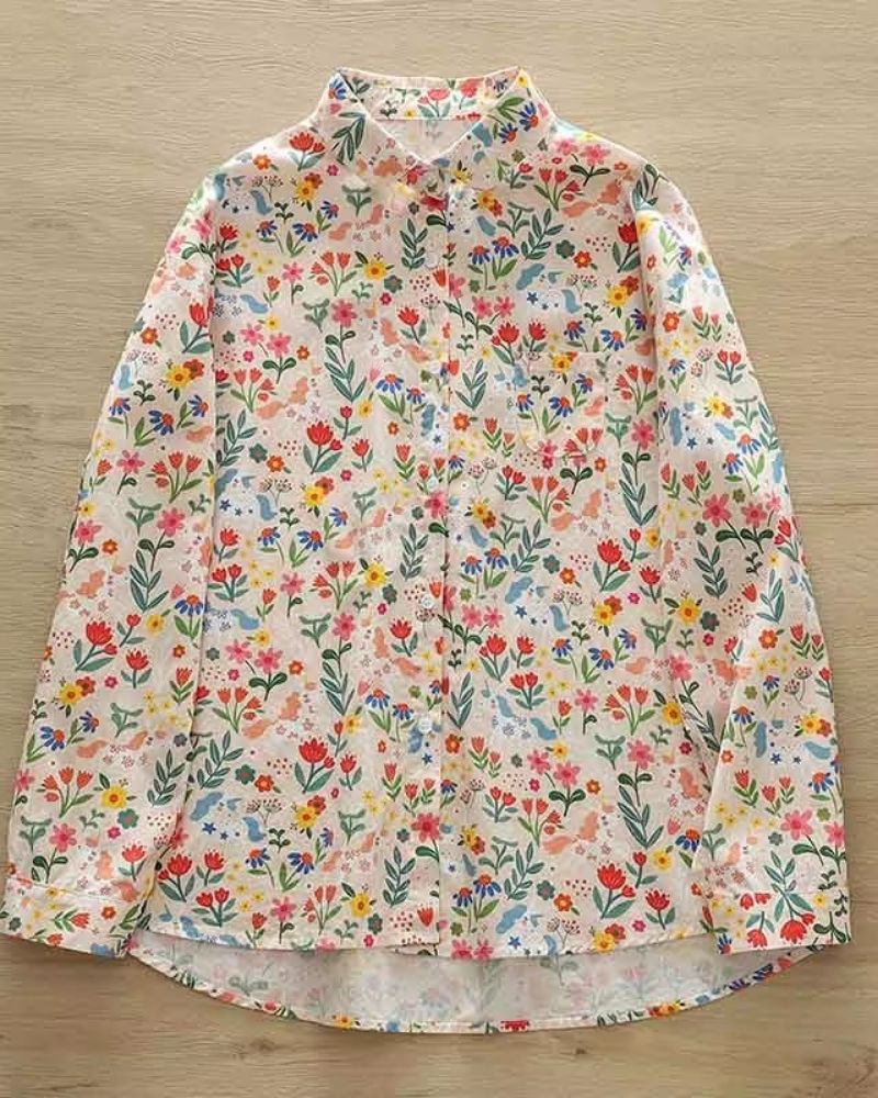 Front view of La Lune Botanique women's floral printed rayon shirt with unicorn and bird motifs

