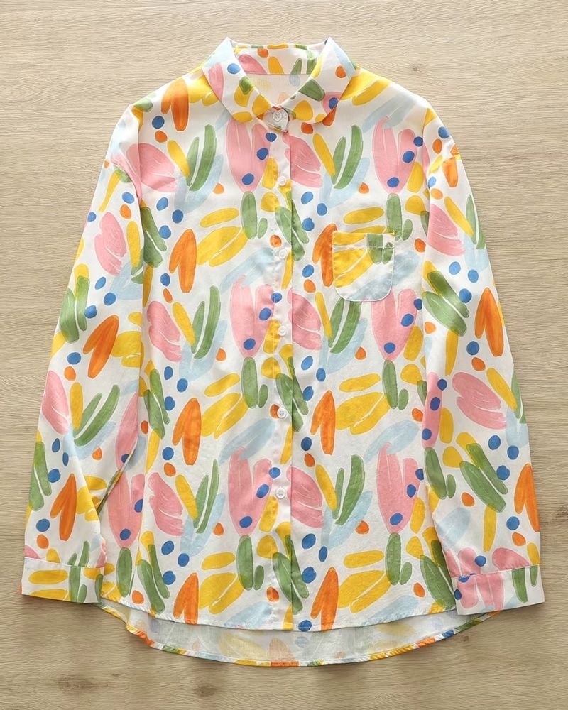 Front view of Solstice Garden Watercolor Rayon Shirt featuring vibrant abstract floral print

