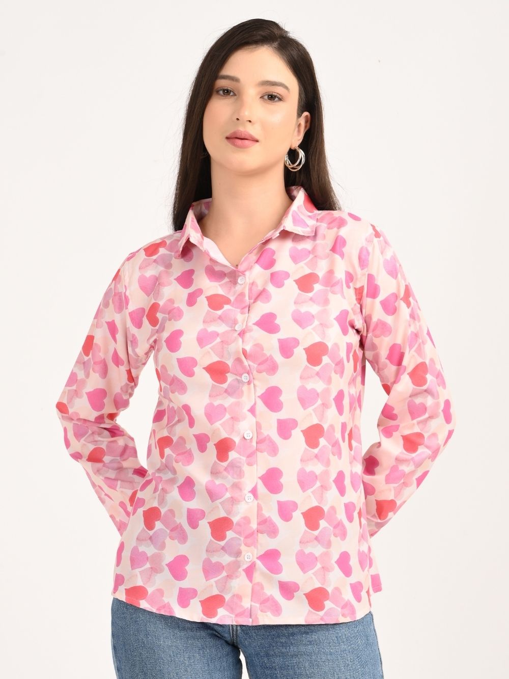 Front view of Sweetheart Hues pink heart shirt with jeans