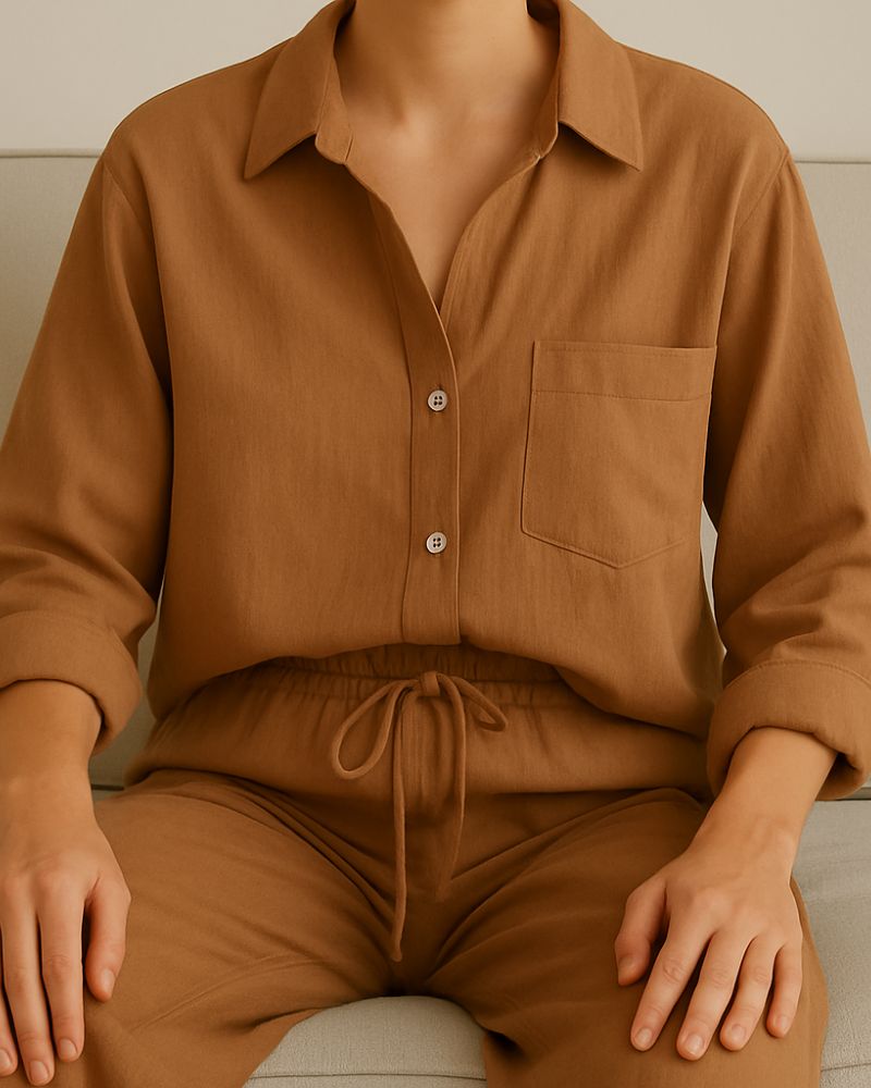 Front view of Toffee Drift lounge set – relaxed fit in crinkle muslin cotton


