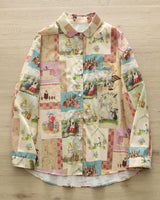 "Front view of whimsical printed rayon shirt with illustrated panels"

