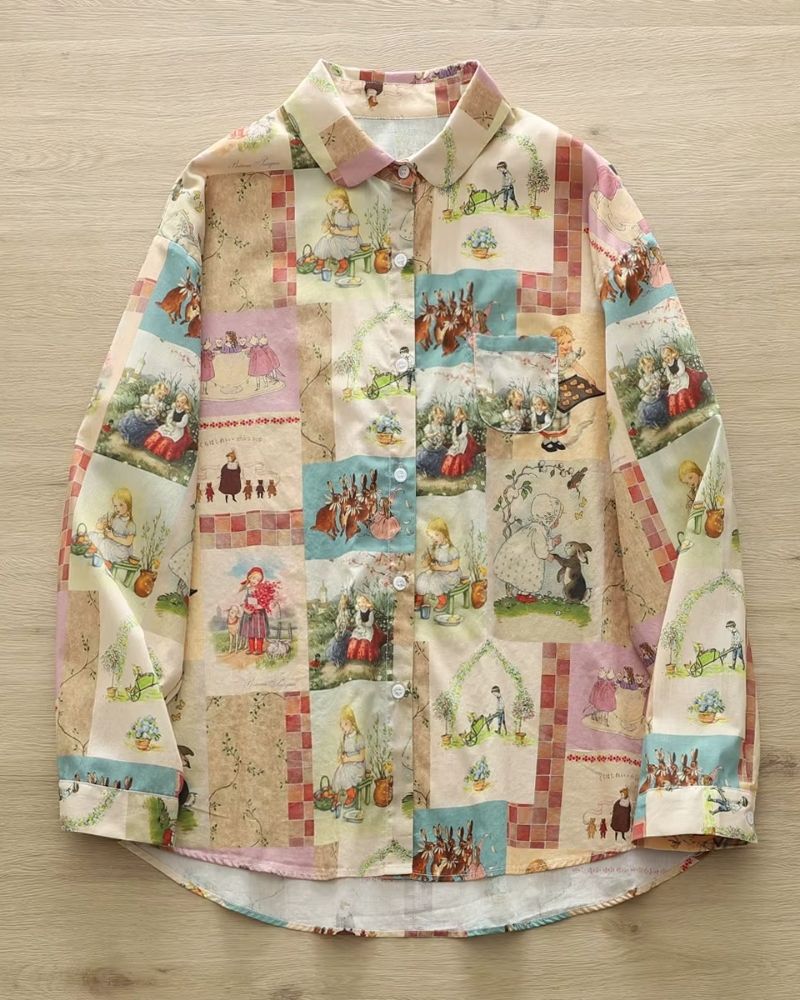 "Front view of whimsical printed rayon shirt with illustrated panels"

