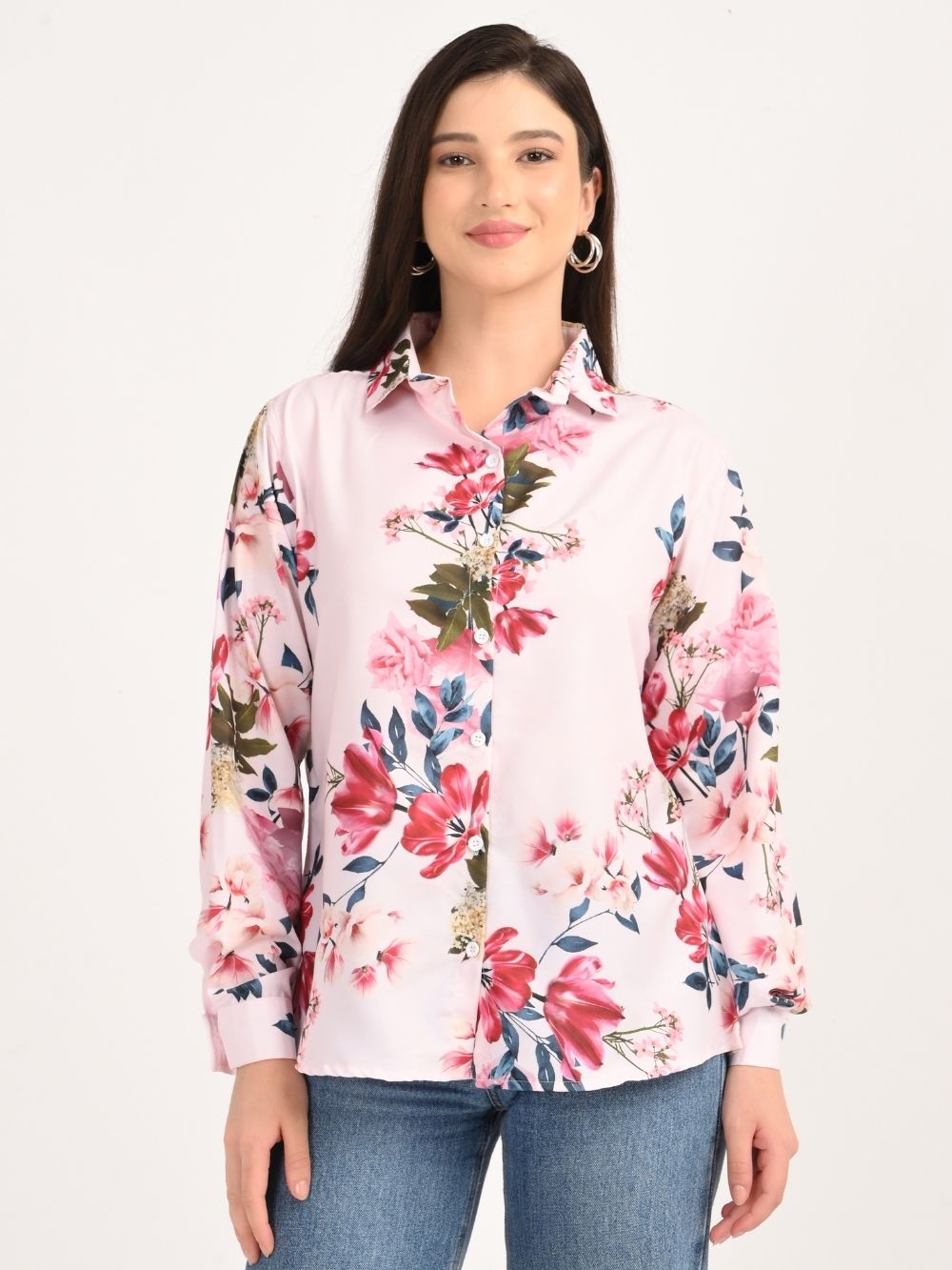 Front view pink floral shirt