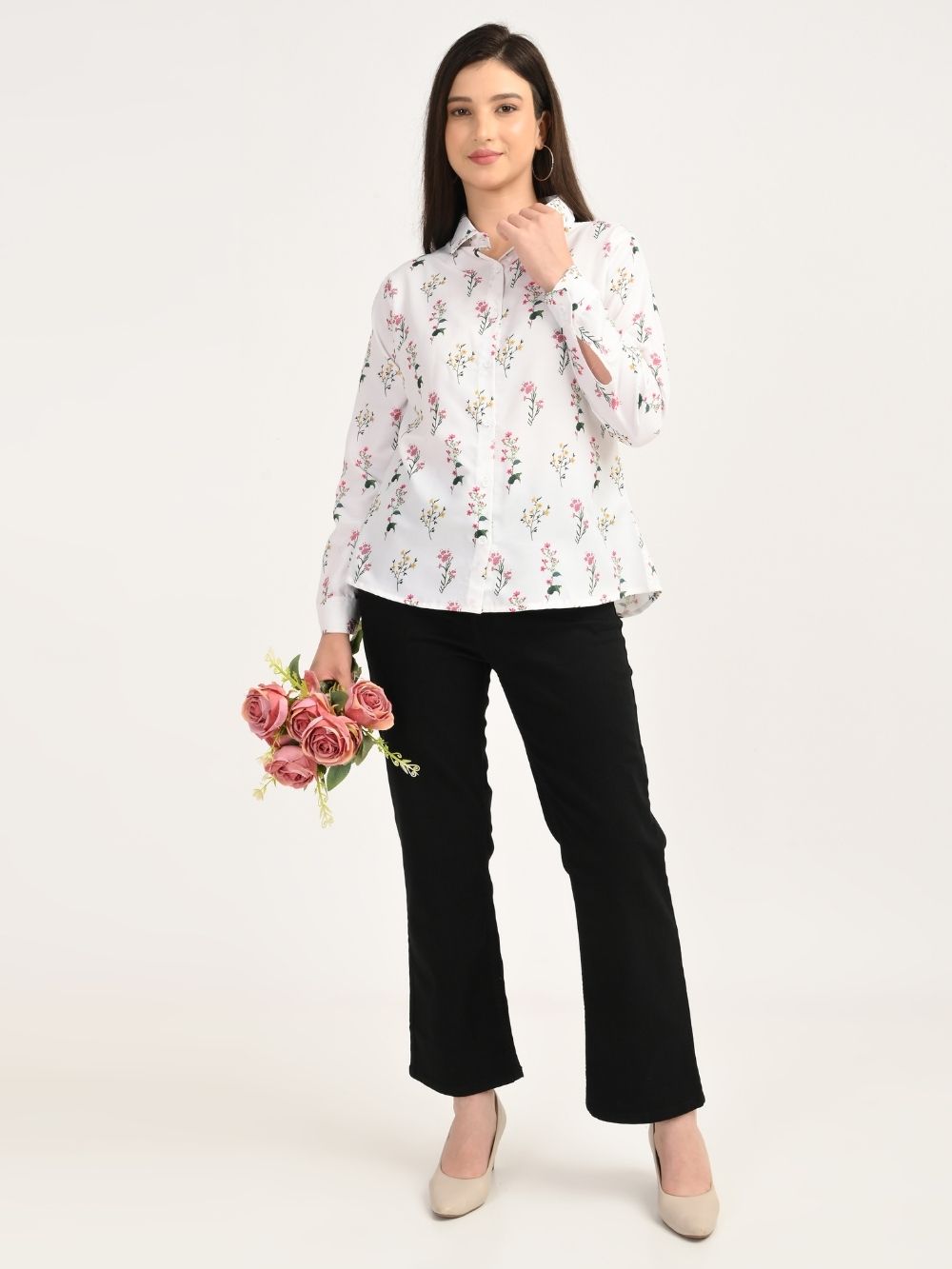 Full look with floral shirt and black trousers