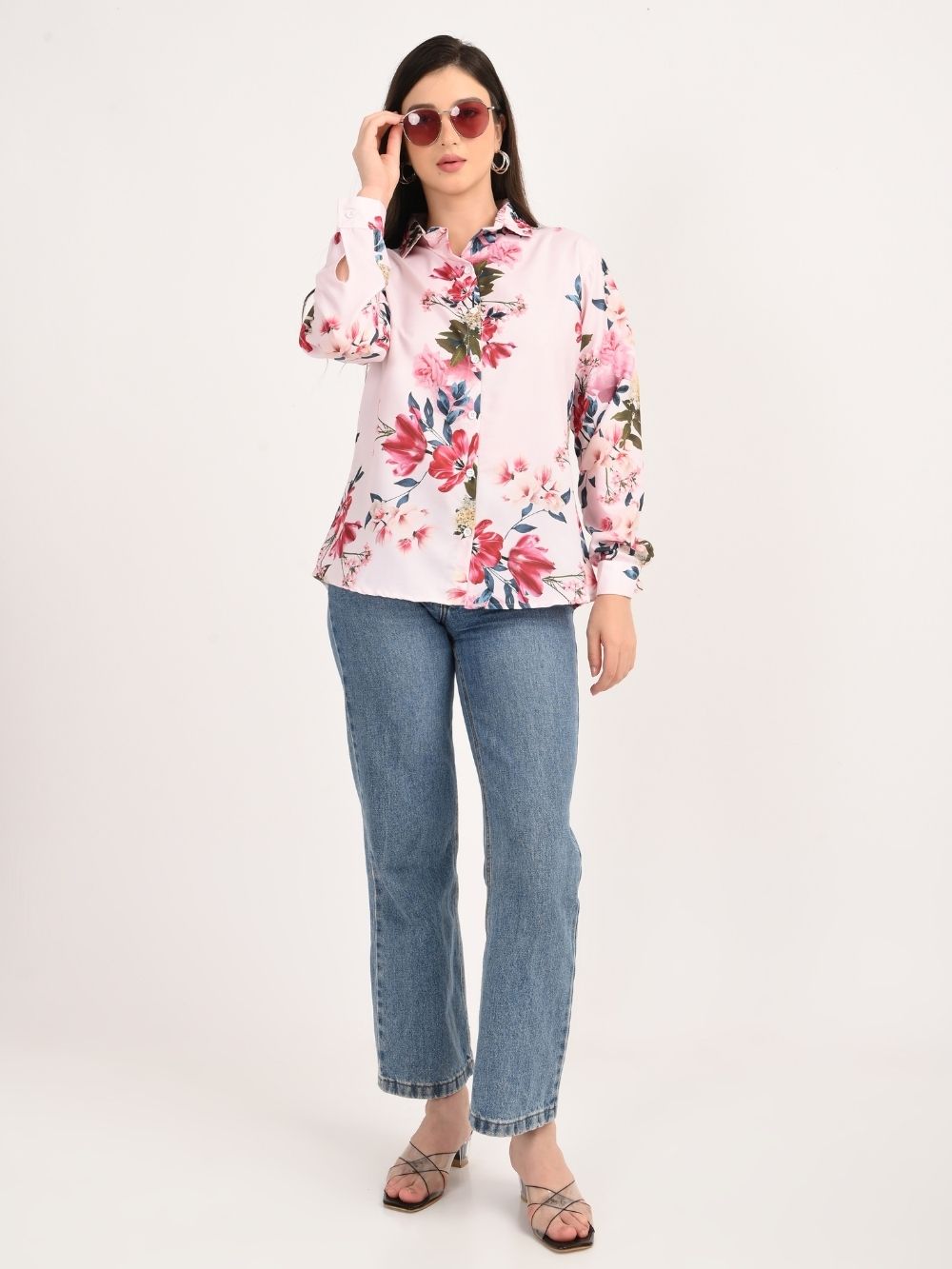 Full outfit pink floral shirt with jeans