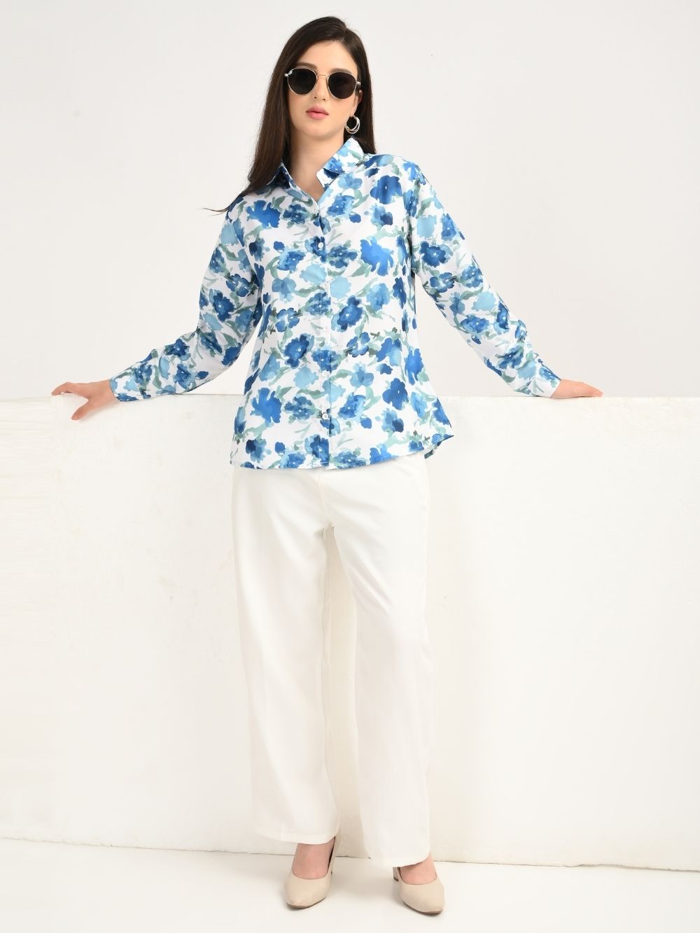 Full outfit with blue floral shirt and white pants