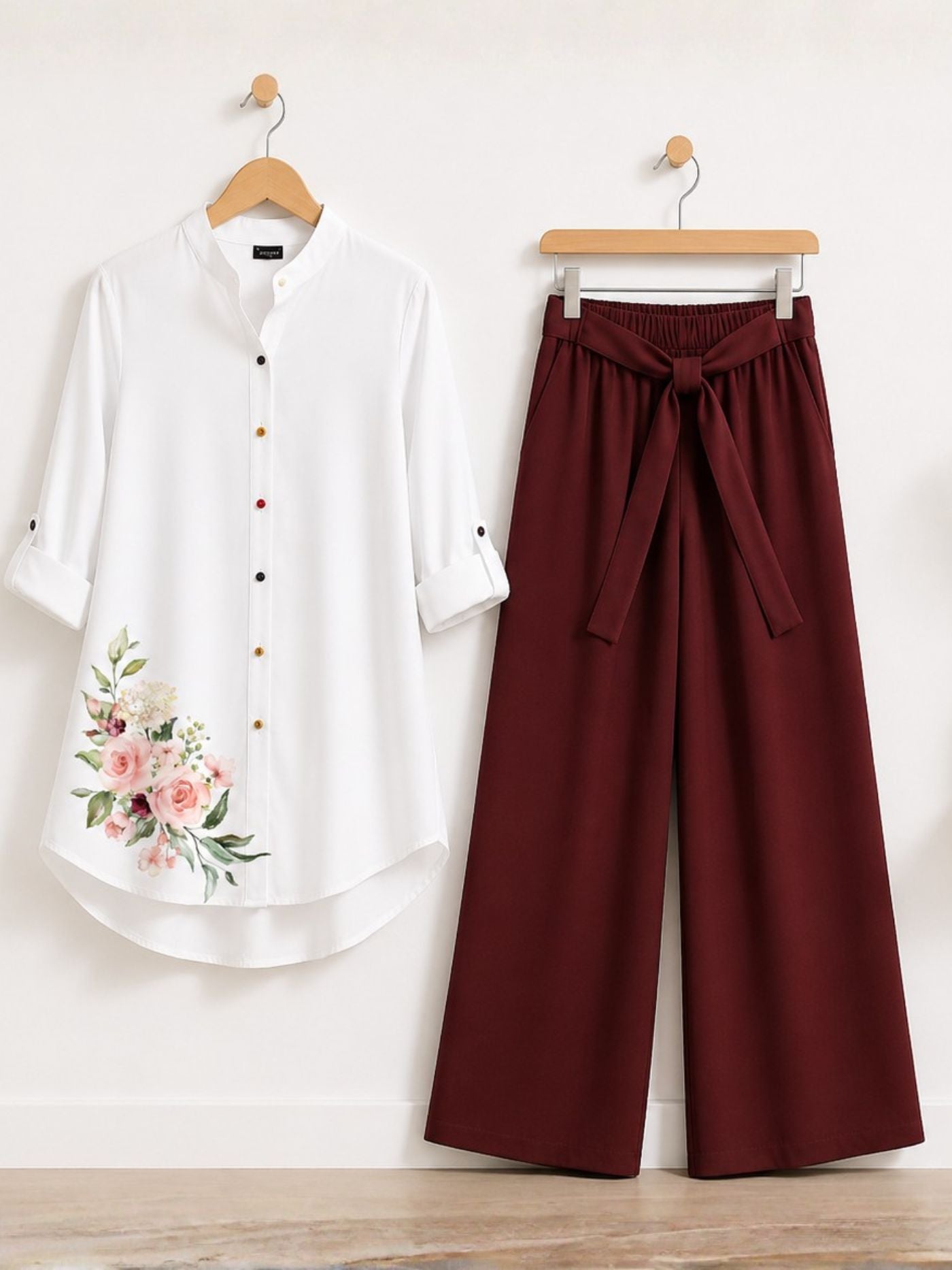 Maroon Floral Co-Ord Set for women with white printed top and maroon palazzo