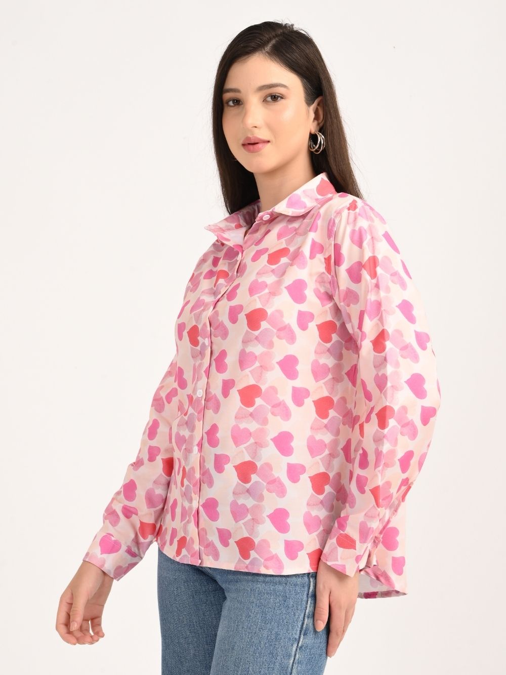 Model in pink heart pattern rayon shirt side angle