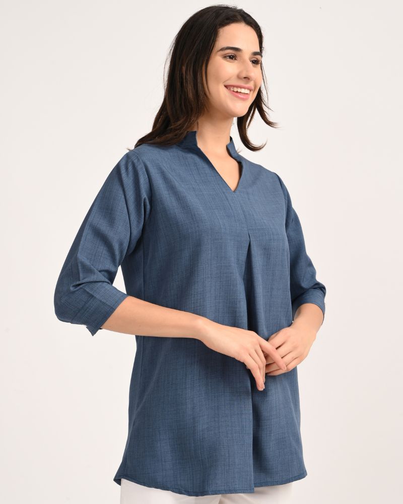 Ocean Blue Linen Blend Kurta – angled front view highlighting relaxed straight fit