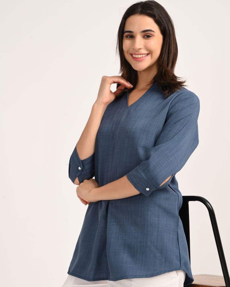 Ocean Blue Linen Blend Kurta – back view showing straight cut and smooth drape