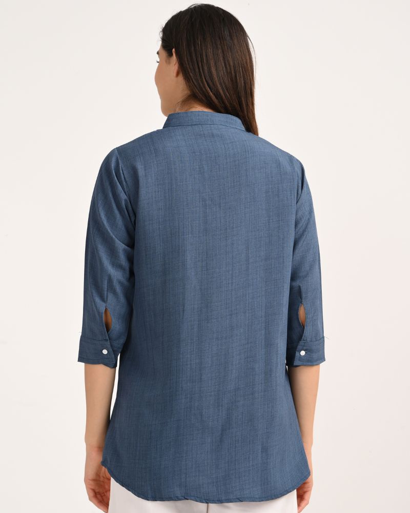 Ocean Blue Linen Blend Kurta – close-up of fabric texture highlighting smooth linen blend