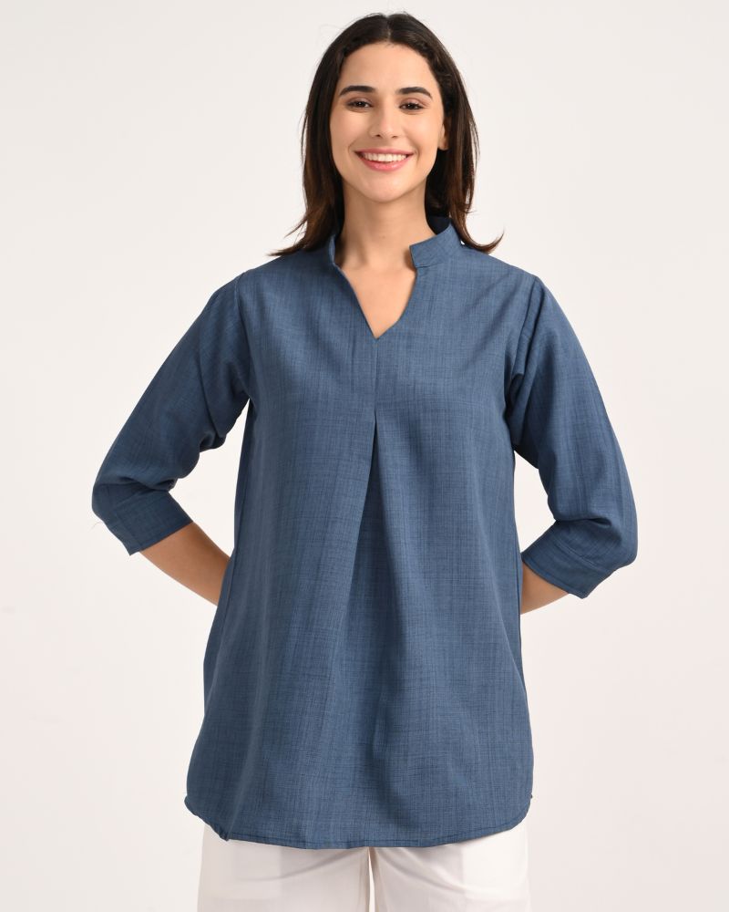 Ocean Blue Linen Blend Kurta – front view showcasing V-neckline and 3/4 sleeves