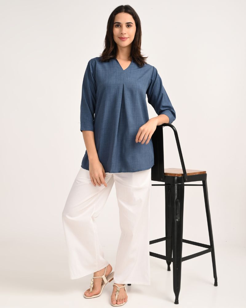 Ocean Blue Linen Blend Kurta – model seated showcasing relaxed comfort fit