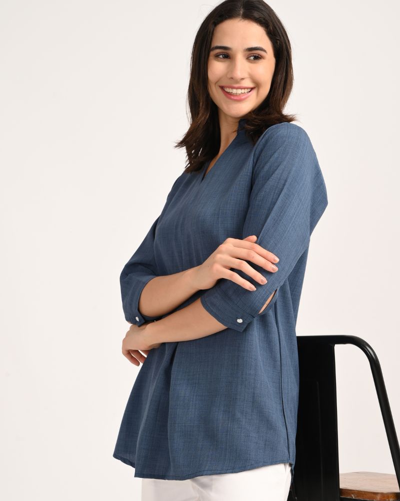 Ocean Blue Linen Blend Kurta – side profile with breathable linen blend fabric