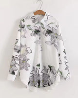 Opaline Botanica white rayon shirt with black floral sketch pattern – front view