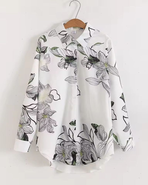 Opaline Botanica white rayon shirt with black floral sketch pattern – front view