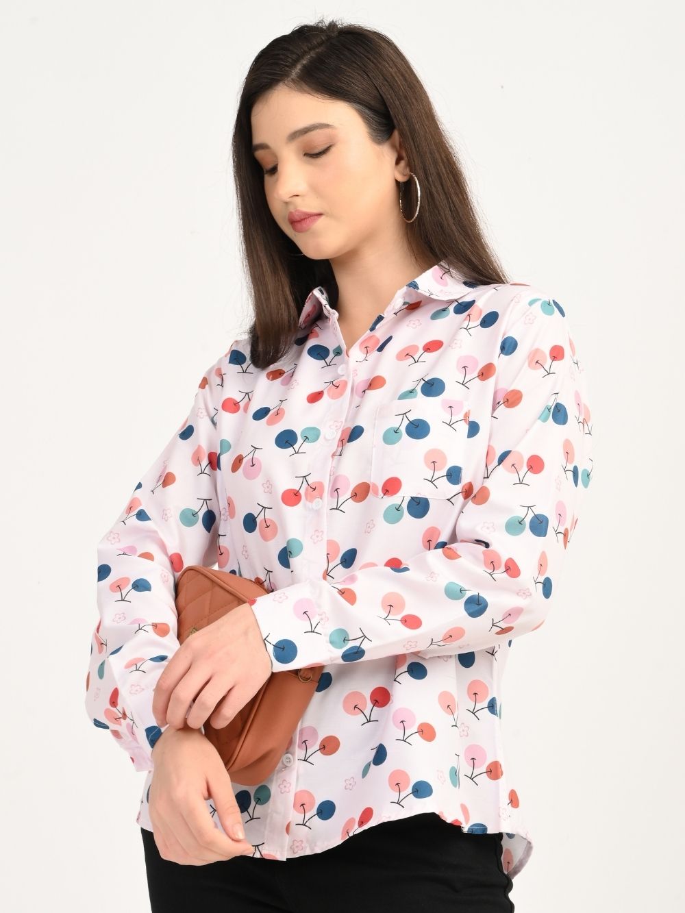 Side pose of Cherry Bloom printed rayon shirt with clutch