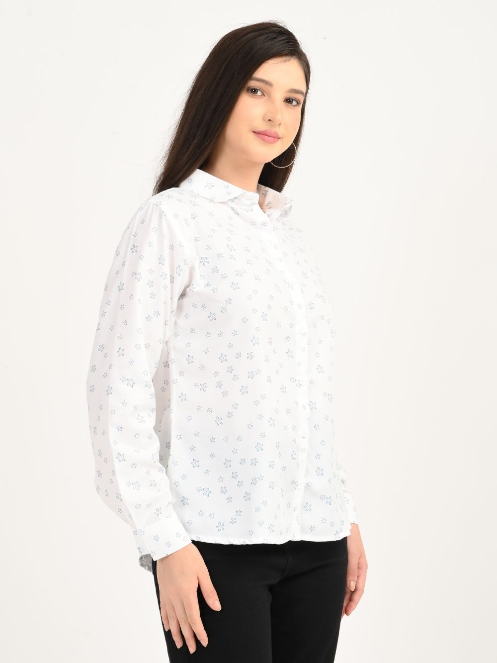 Side pose of Petal Charm white floral print rayon shirt