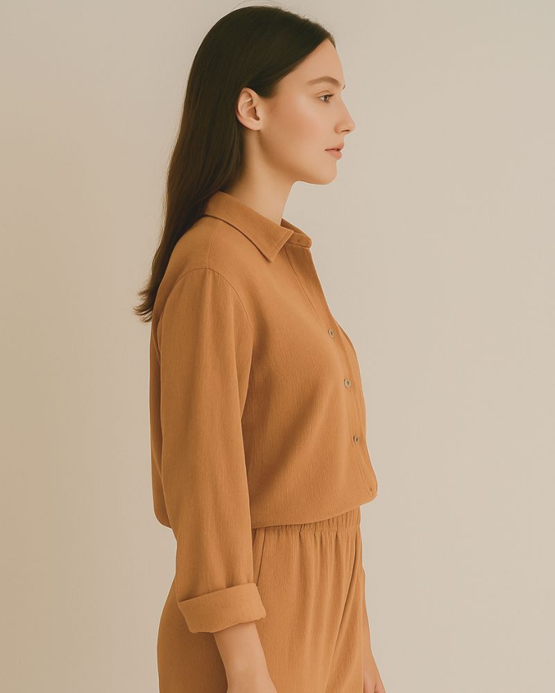Side profile of cotton muslin co-ord outfit for women – lightweight and breathable

