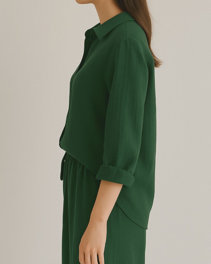 Side profile of relaxed fit cotton co-ord set with natural drape

