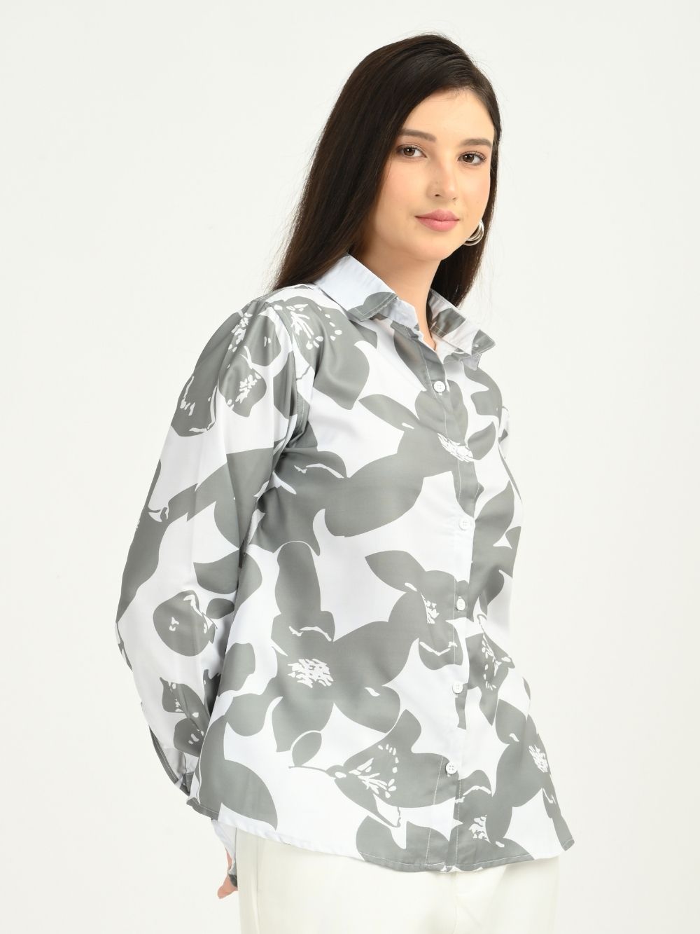 Side view grey floral shirt