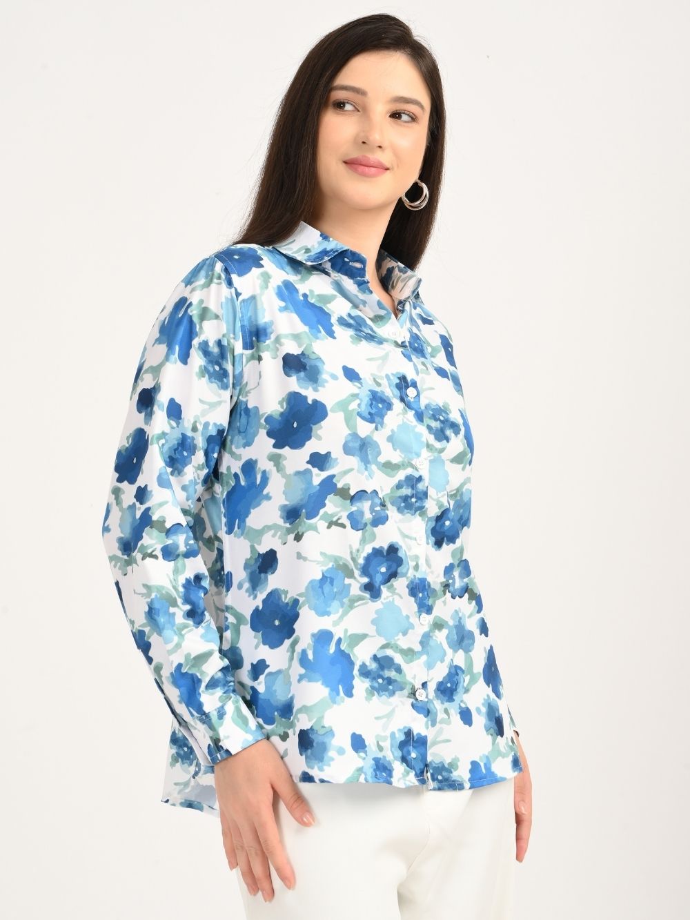 Side view of blue floral print shirt