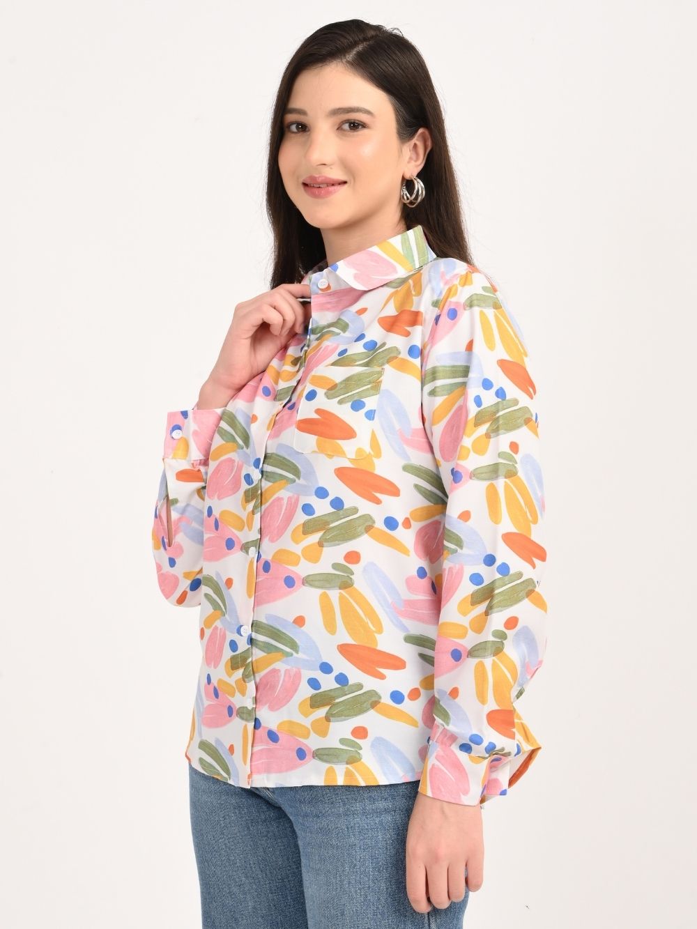 Side view of woman in abstract multicolor button-down shirt