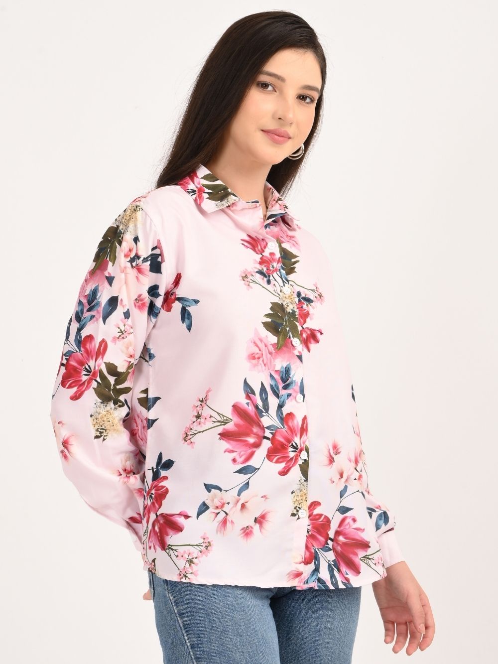 Side view pink floral shirt