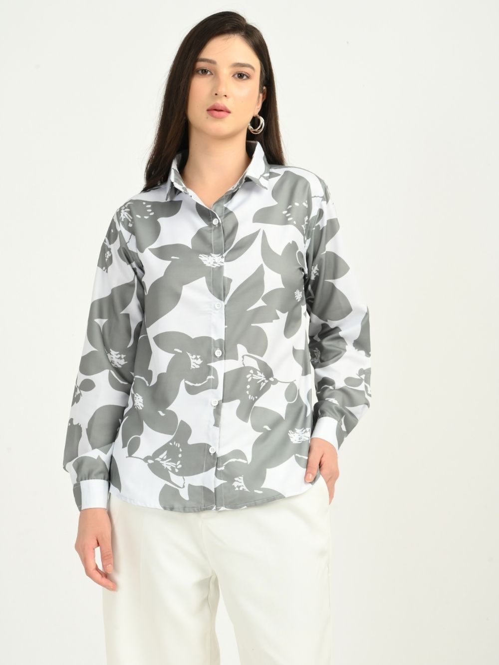 Sitting pose grey floral shirt