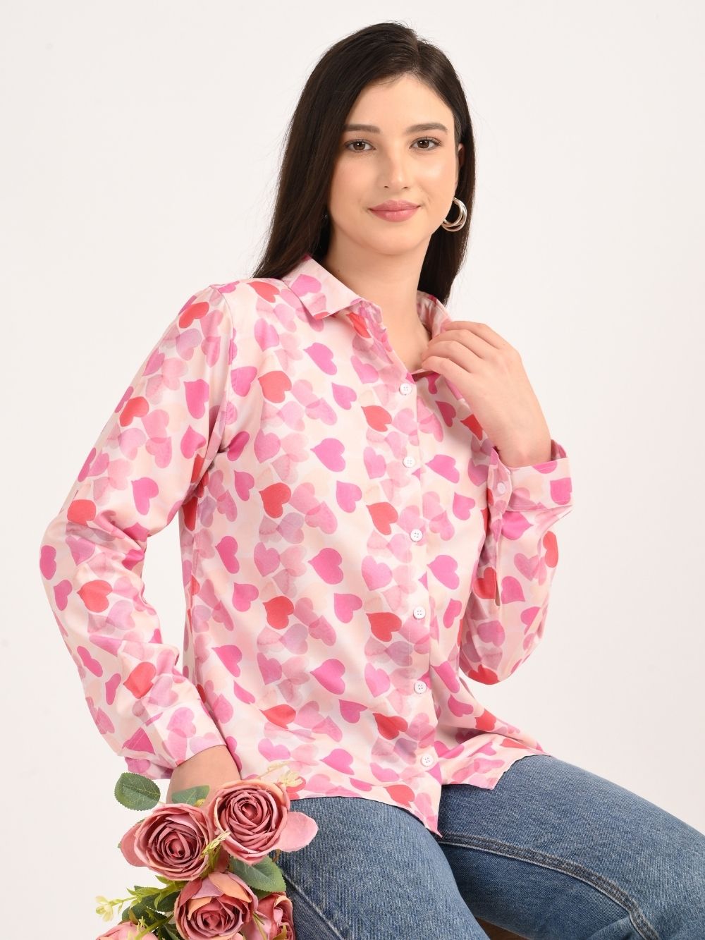 Smiling model in Sweetheart Hues heart print rayon shirt