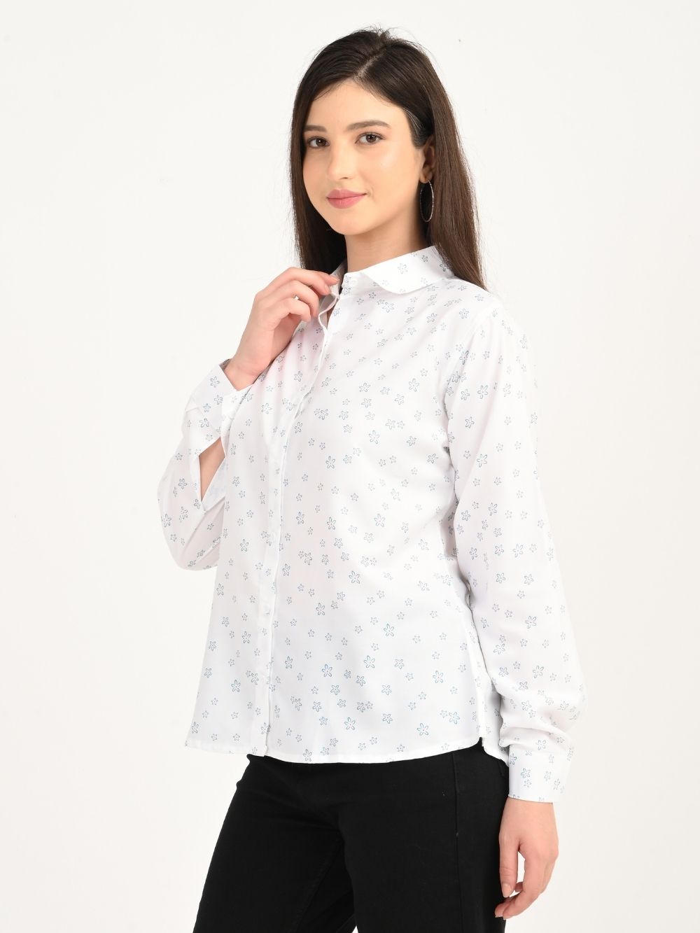 Smiling woman in Petal Charm floral button-down shirt, front view