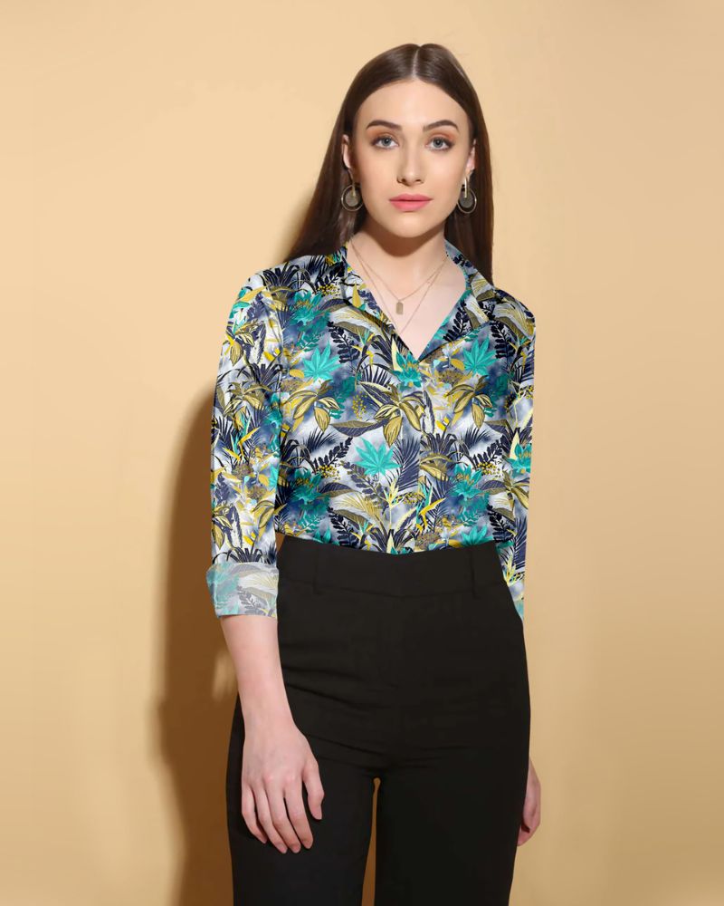 Tropical Leaf Print Satin Shirt