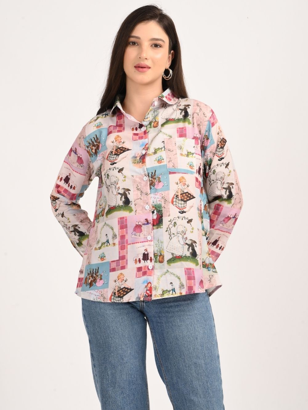 Woman posing in vintage frames shirt front